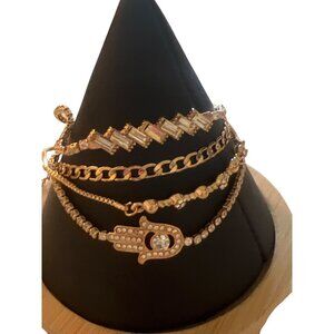 Aldo Set of 4 Gold Tone Bracelets Chain Hamsa Clear Rhinestones Slide Adj NWOT